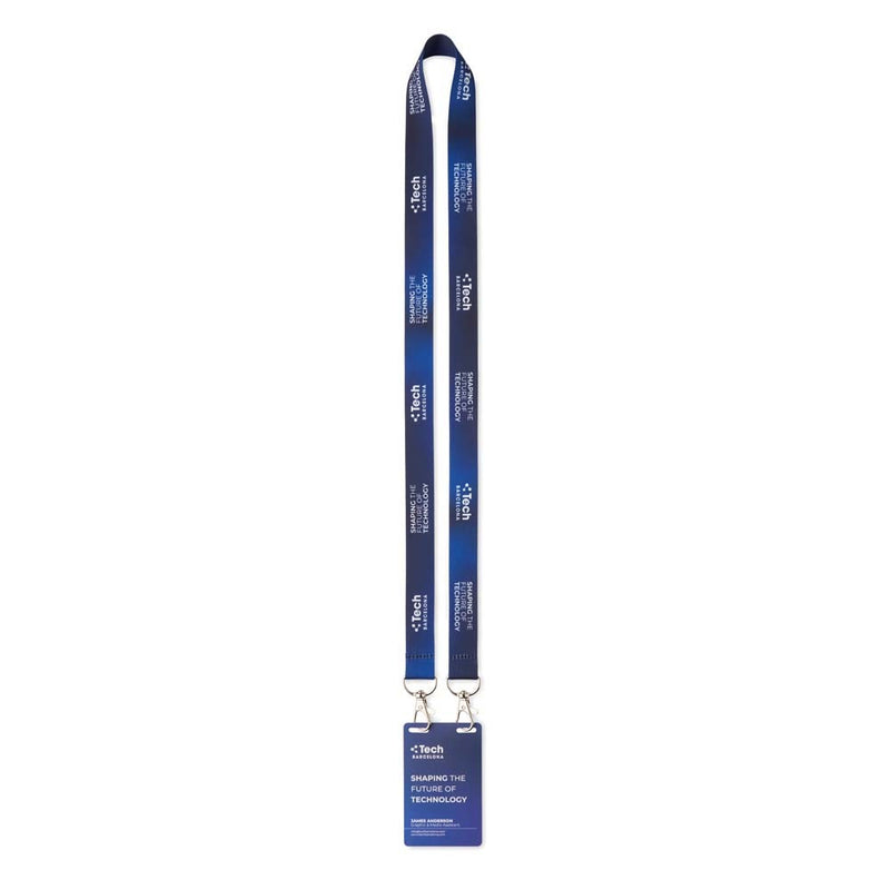 A custom blue lanyard with a matching ID badge holder, featuring the 'C2B2' logo and text 'WEARING THE POWER OF TECHNOLOGY' on a clean white background.