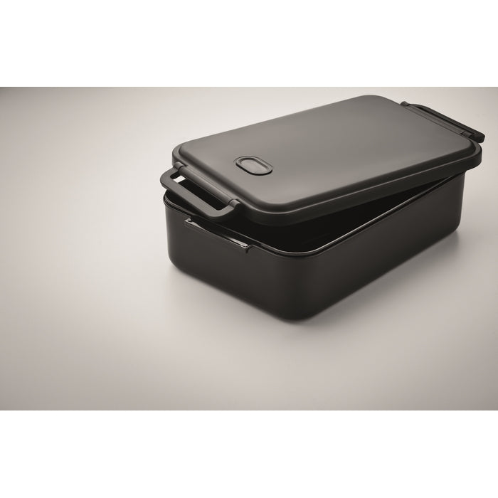A matte black rectangular lunch box with a matching lid, shown at an angle on a neutral light gray background.