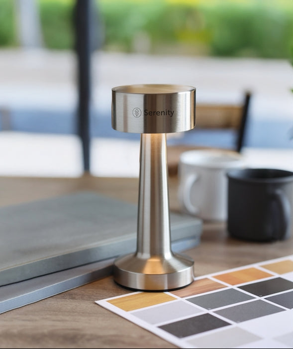 A brushed stainless steel Serenity LED desk lamp with a cylindrical base and a lit warm glow, set on a wooden desk next to a color swatch card with a blurred office background.