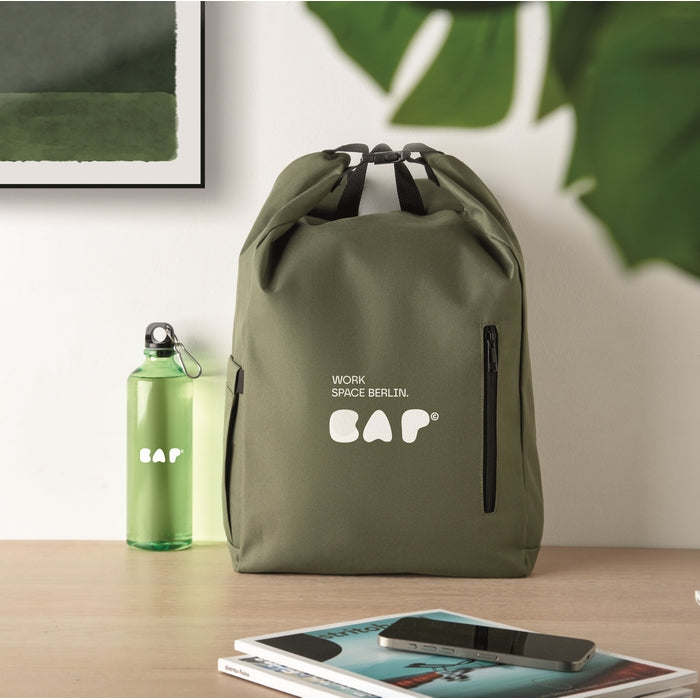 custom printed water bottle with carabiner and backpack