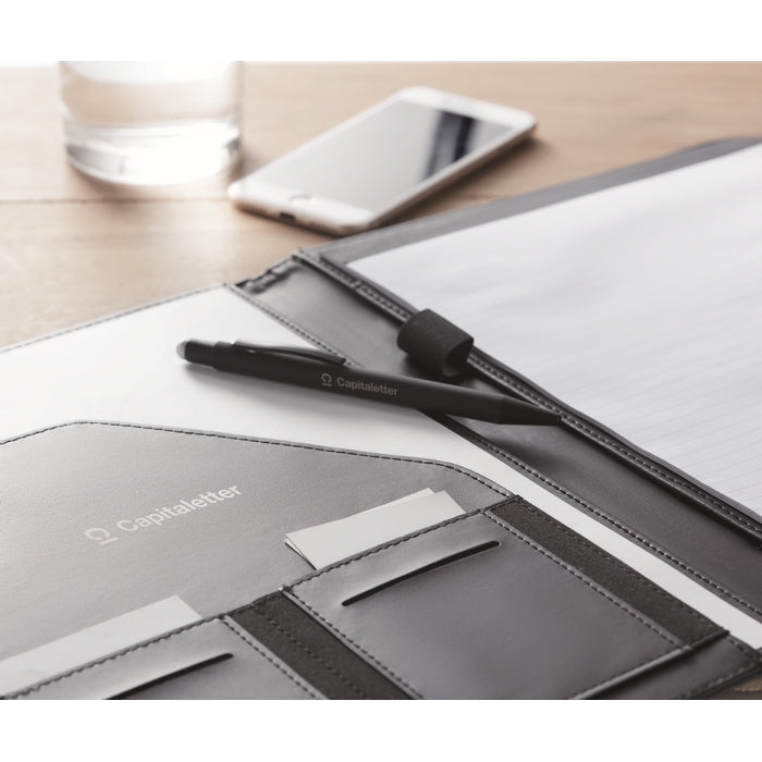 Gray laptop sleeve with a pen and smartphone on a wooden surface