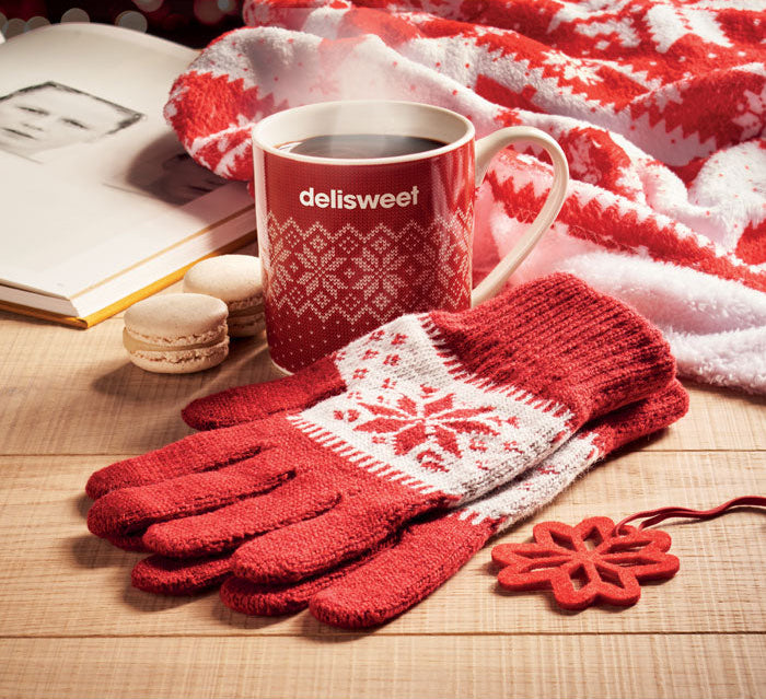 Custom branded red Christmas gloves with festive pattern