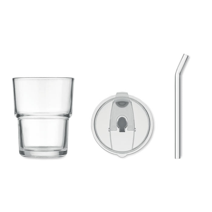 SIP Glass tumbler with lid & removable glass straw